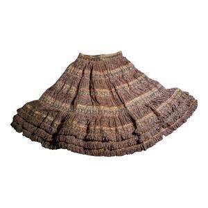 Vtg 1950s Brown Gold Tiered Fringe Mexican Patio Hook Closure Circle Skirt Sz XS